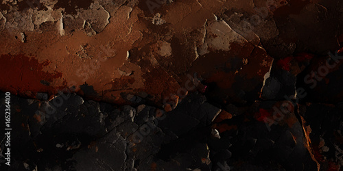 Textured landscape of cracked, earthy terrain with a mix of dark brown, reddish, and grayish tones, resembling a dry, rugged surface.	