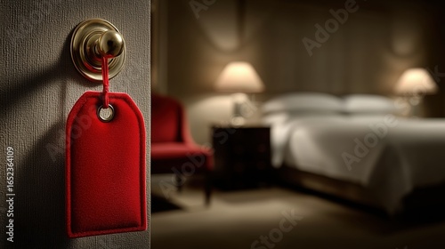 A velvet red door tag hangs on a brass knob in a softly lit upscale hotel room.