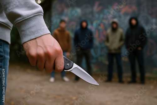 Tense standoff unfolds as young person grips knife tightly facing blurred figures, hinting at danger, confrontation, and urban drama.