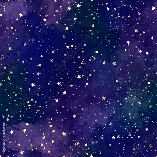 Watercolor galaxy with gold stars on a dark blue and purple background