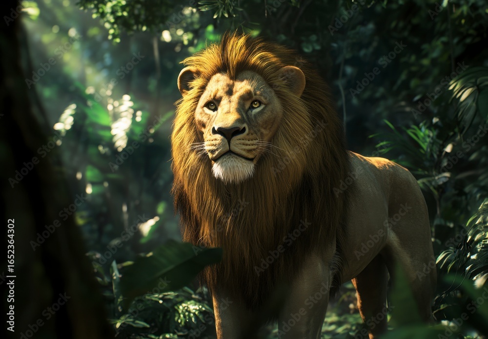 Fototapeta premium Majestic Lion In Lush Green Forest Setting