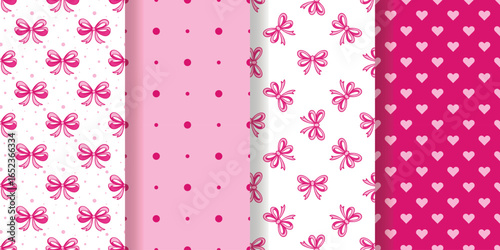 Set of continuous background with bows and dots. Girly bows pattern collection. Cute pink prints for textile, packaging, design, vector graphics