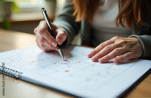 woman hands cradle calendar pen scratching across pages meticulously plans business meeting soft morning