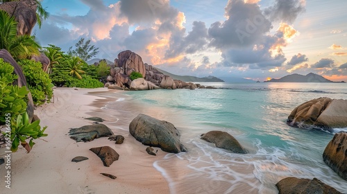 Breathtaking Sunset Over Seychelles' Praslin Island Beaches – Turquoise Waters, Colorful Rocks, Golden Sands & Lush Greenery, Captured in High-Res, National Geographic-Style Panoramas