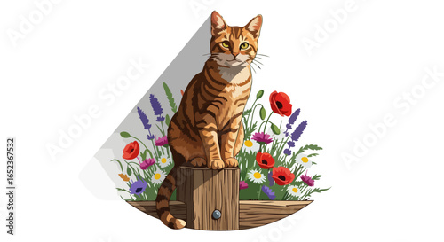 adorable ginger cat on fence post transparent background spring flowers