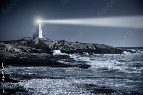 Peggy’s Cove lighthouse beam over rough ocean waters in Nova Scotia