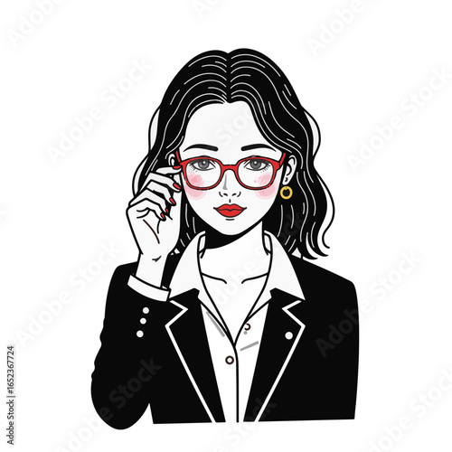 Confident woman adjusting red glasses in minimalist black and white, elegance