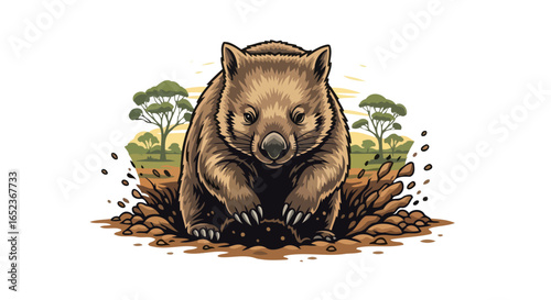 aussie wombat digging transparent background vector illustration for designs
