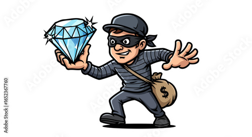 cartoon thief with diamond transparent background vector illustration