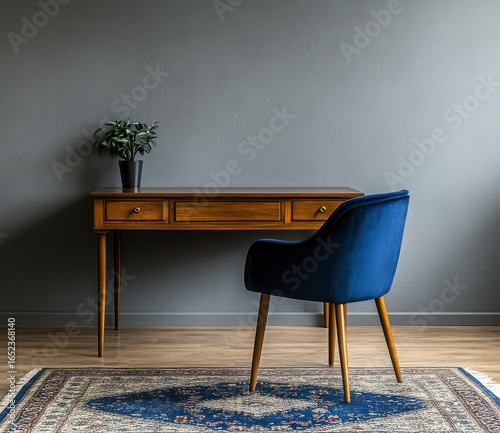 Mid Century Modern Home Office Interior Design Featuring Wooden Desk and Blue Velvet Chair