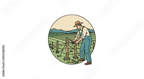 farmer mending fence transparent background vector illustration
