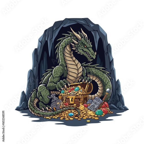 green dragon guarding treasure transparent background vector illustration