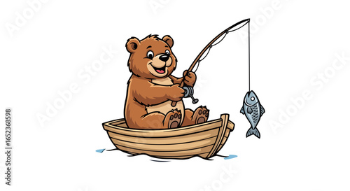 happy bear fishing boat transparent background vector illustration