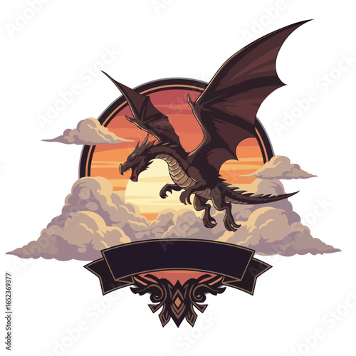 majestic dragon soaring sunset transparent background vector illustration