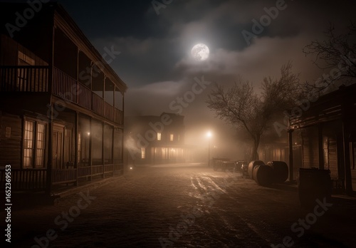 Misty Mountain Town Street At Night Under Full Moon