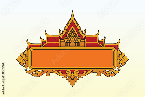 Ornate Khmeri-style banner: red and gold temple roof atop orange rectangle