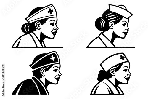 Vector set of retro nurse portraits in uniform with cap in black and white