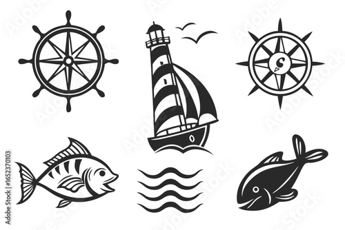 Nautical vector set with marine elements isolated on white background