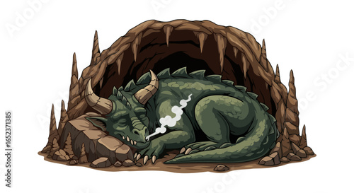 sleeping dragon cave illustration transparent background fantasy asset
