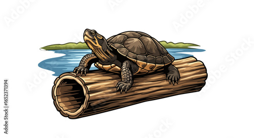 serene turtle on log transparent background vector illustration