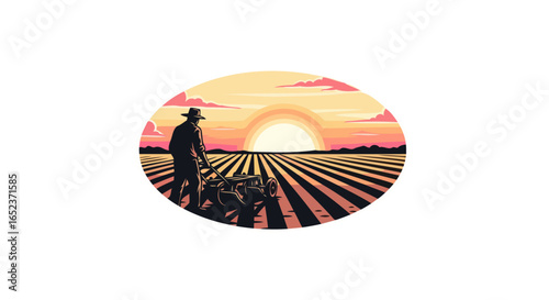 sunset farmer plowing transparent background vector illustration