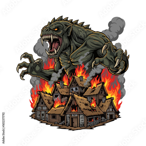 transparent background monster attacking burning village vector illustration