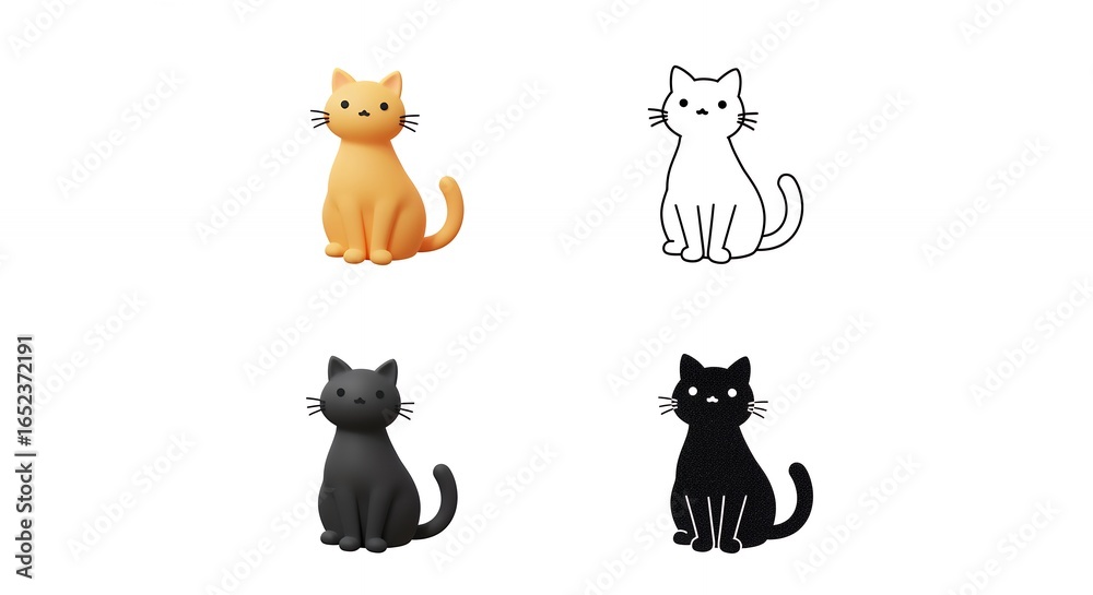 Fototapeta premium Four stylized cat illustrations in different colors