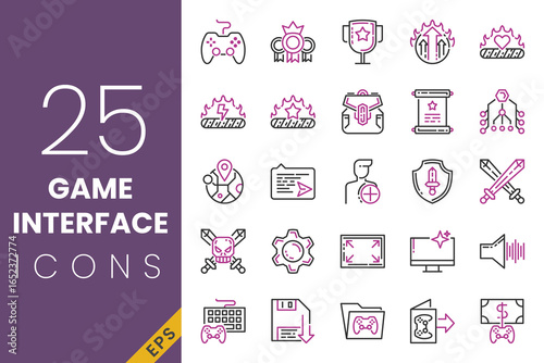 Game interface vector icons, line and color style, ideal for app UI, streaming, or game development.