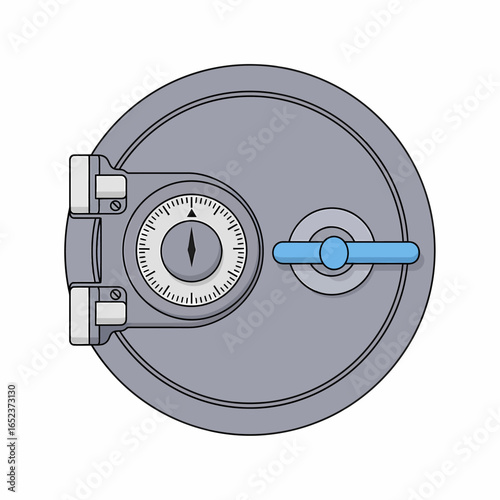 A cartoon illustration of a closed, round, grey metal bank vault door with a combination lock and handle.