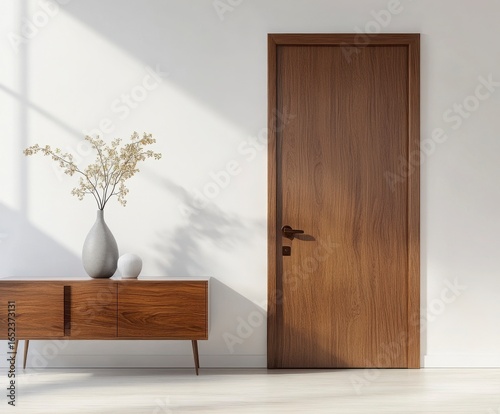 Modern Minimalist Interior Featuring a Dark Brown Wooden Door and Console