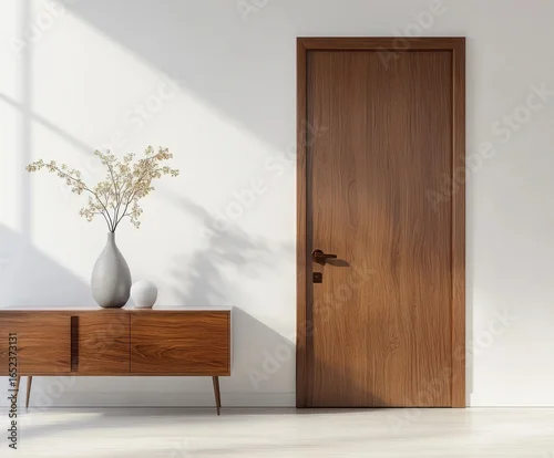 Obraz Modern Minimalist Interior Featuring a Dark Brown Wooden Door and Console