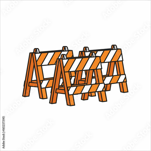 Four A-frame traffic barriers with orange and white diagonal stripes clustered together.