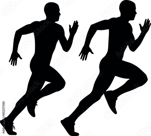 Set of Two Running Man black and white Silhouettes - Athlete Jogging and Sprinting Figures