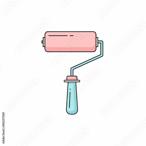 A colorful line art illustration of a pink paint roller with a blue handle, a tool for painting walls and home renovation.