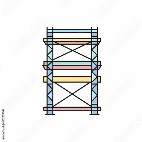 A colorful line art icon of a multi-level industrial scaffolding or shelving rack.