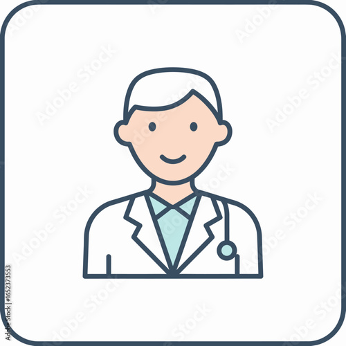 A friendly male doctor icon with a stethoscope and white lab coat.