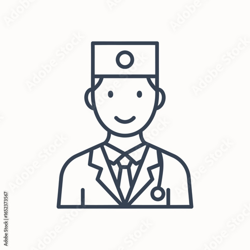 A minimalist line art icon of a friendly male doctor wearing a medical uniform, cap, and a stethoscope.
