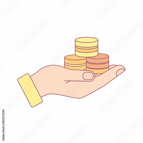 A stylized illustration of a person's open hand holding three stacks of gold and copper coins.