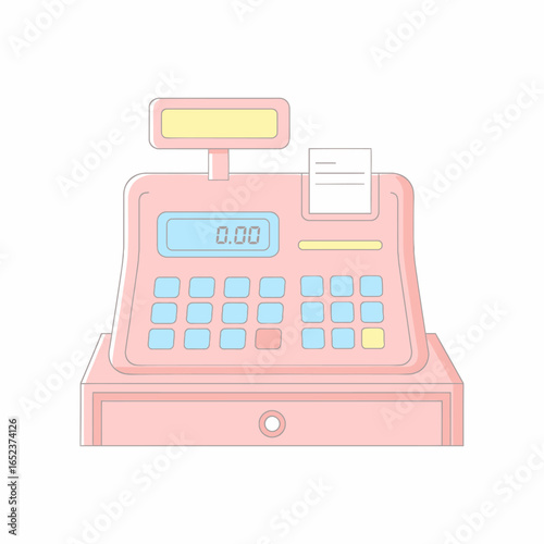 A cute pastel pink cash register illustration with a blue digital display showing zero and a paper receipt.