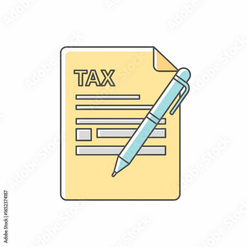 A simple icon of a tax form document with a blue pen, representing filing taxes or financial paperwork.