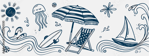 Hand Drawn Navy Blue Beach Scene with Sun Umbrella and Sailboat summer ocean