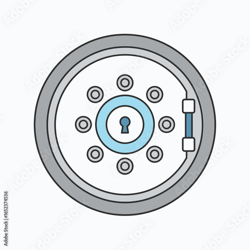 A circular vault door with a prominent keyhole in the center, surrounded by multiple circular rivets, suggesting security and access.