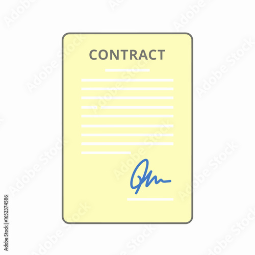 A formal document labeled "CONTRACT" with lines of text and a blue signature at the bottom, representing an agreement.
