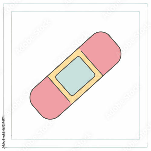 A simple, clean illustration of a pink adhesive bandage with a light blue pad, symbolizing first aid and minor injury care.