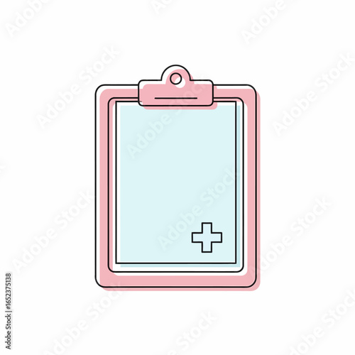 A pink clipboard with a blank light blue page and a small medical cross symbol in the corner.