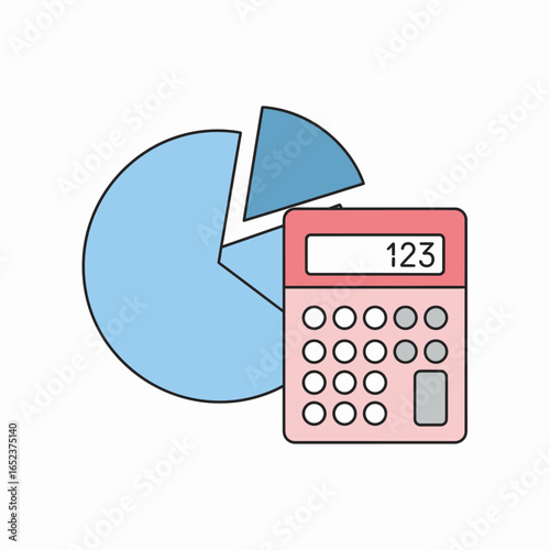 A pastel-colored illustration featuring a pie chart with segments and a calculator displaying numbers, symbolizing data analysis and financial calculations.