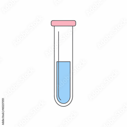 A simple illustration of a clear glass test tube filled with a light blue liquid and capped with a pink stopper.