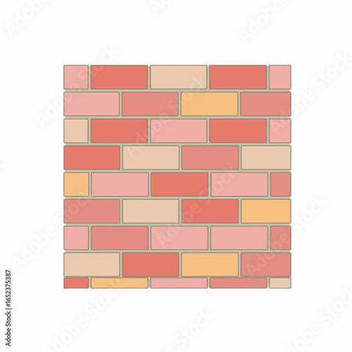 A colorful, textured brick wall pattern with varying shades of pink, coral, and beige, arranged in a staggered, repeating bond.