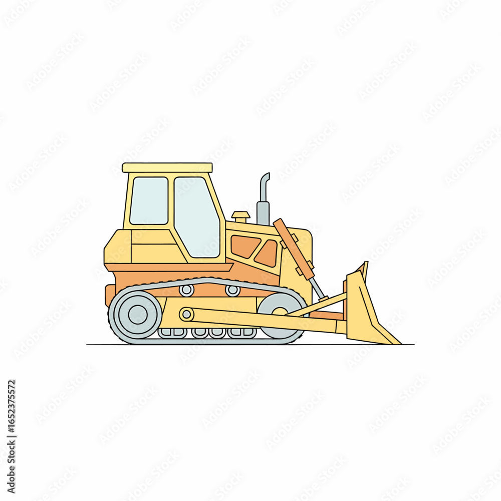 Naklejka premium A yellow and orange bulldozer with tracks and a large blade, depicted in a flat, stylized illustration.