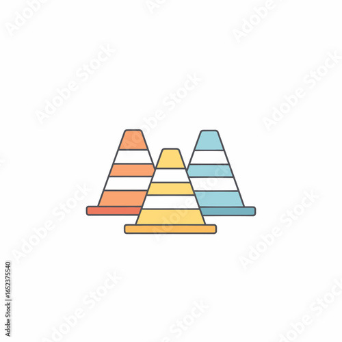 Three colorful traffic cones arranged in a group, indicating a temporary barrier or warning.